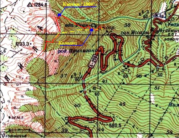 Фрагмен карты района Таракташской тропы, водопада Учан-Су