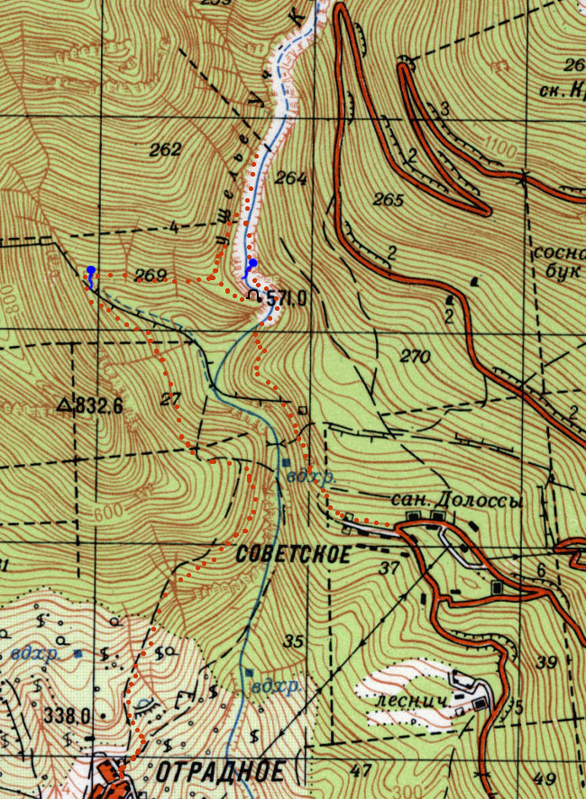 Фрагмент генштабовской карты ущелья Уч-Кош с нанесенным маршрутом